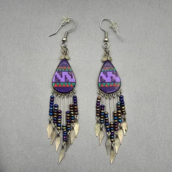 VTG Purple Southwestern Dangle Drop Earrings Beaded Fringe Tribal Pattern Design - Picture 7 of 7